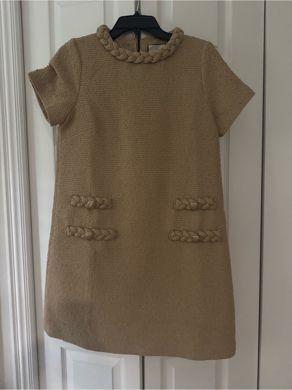 Tuckernuck Jackie tweed Camel Braided-Trim Short Sleeve Mini Dress